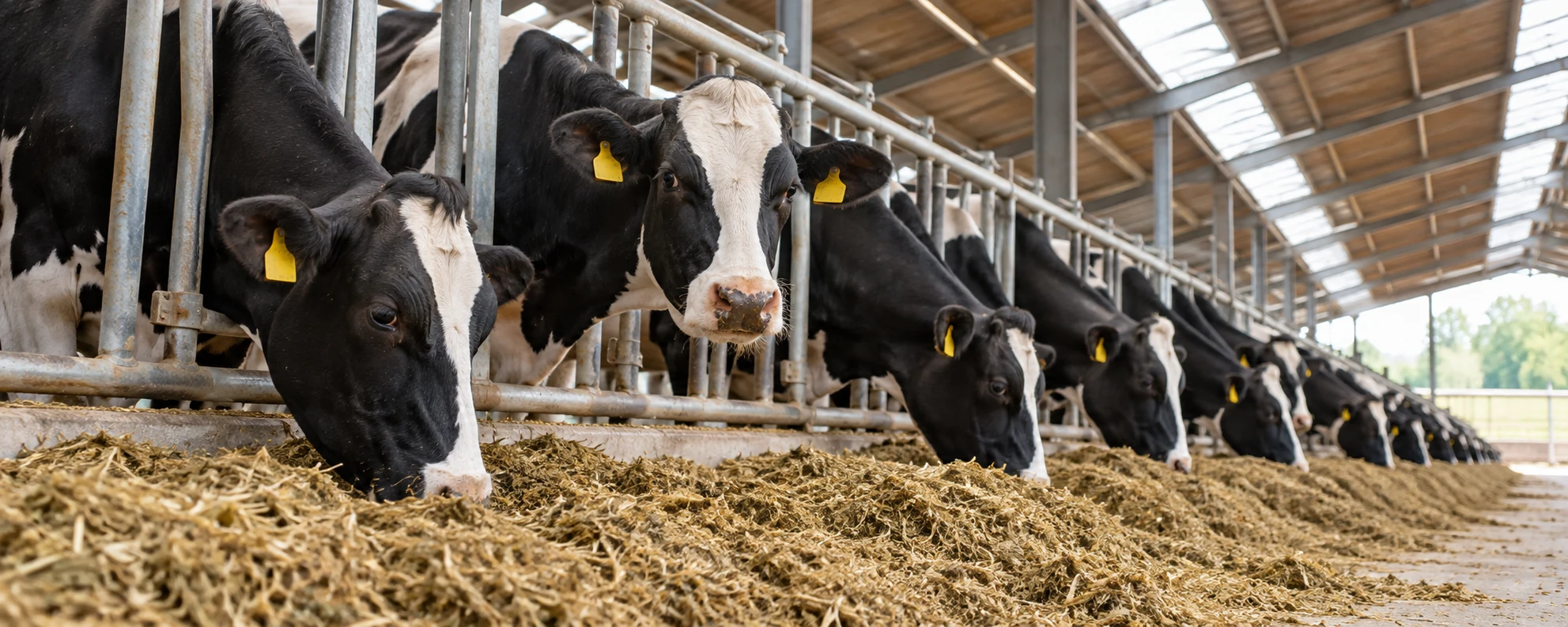 Holstein dairy cows at a feeding barrier in a bright barn